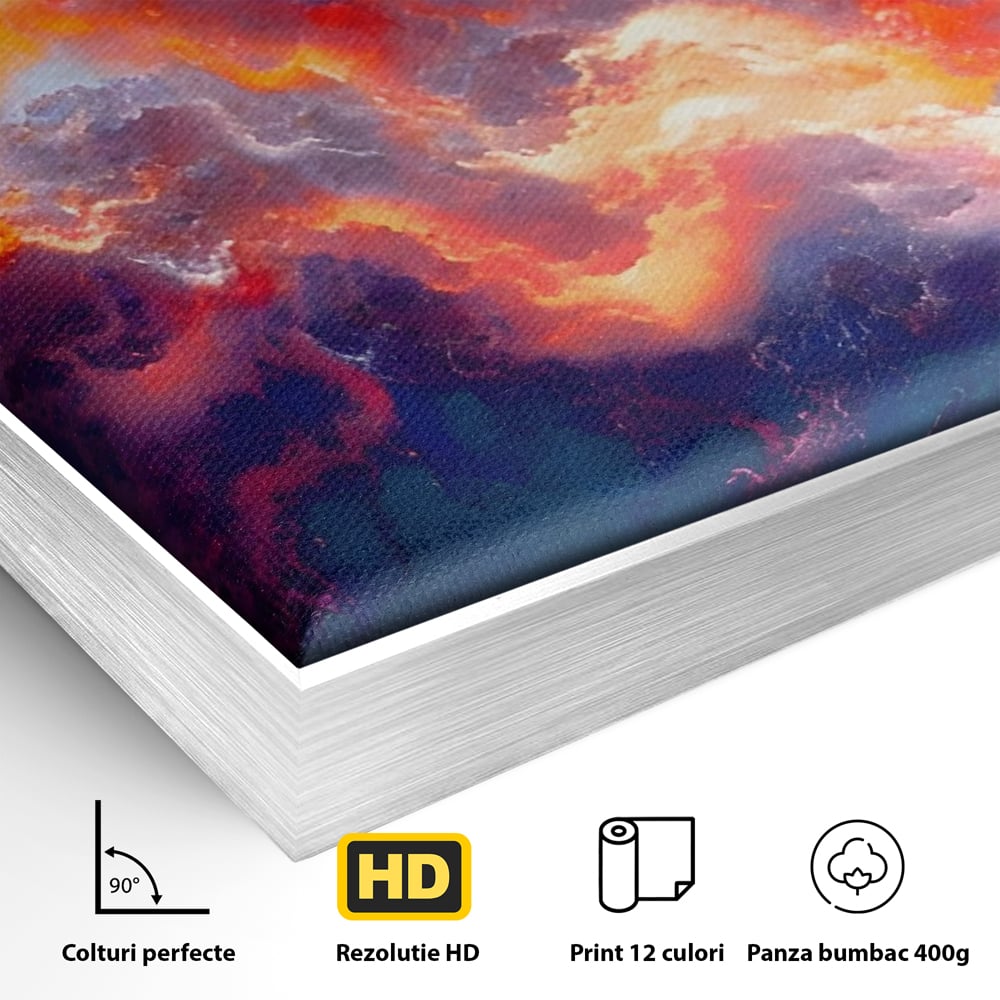 Detaliu al suprafetei: tablou canvas cu nori abstracti, in rama de aluminiu argintiu